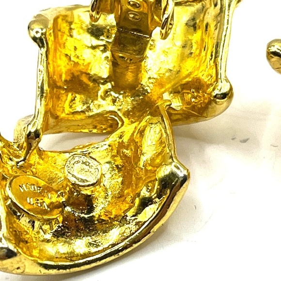 Gold Tone Sculptural Textured Large Clip on Earrings Made in the USA - Picture 8 of 12